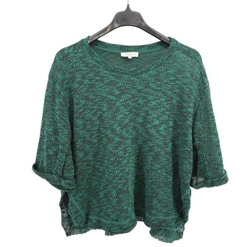 Umgee Green Black Knit Top Womens XL‎ Pre-Owned 3/4 Sleeve Pullover Frayed Hem